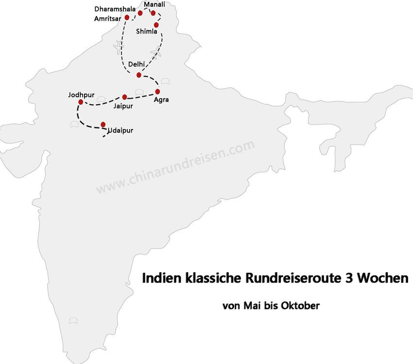 Indien Reiseroute in 3 Wochen-Mai bis Oktober