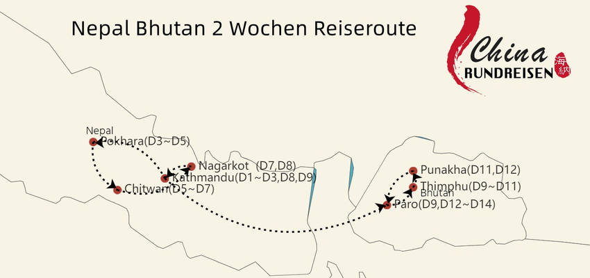 Nepal Bhutan 2 Wochen Reiseroute Landkarte